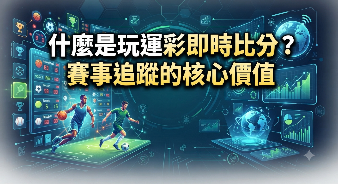 圖片展示了以運動賽事即時比分與數據追蹤為主題的數位科技風格畫面。 正中央醒目地呈現了「什麼是玩運彩即時比分?賽事追蹤的核心價值」的標題文字。