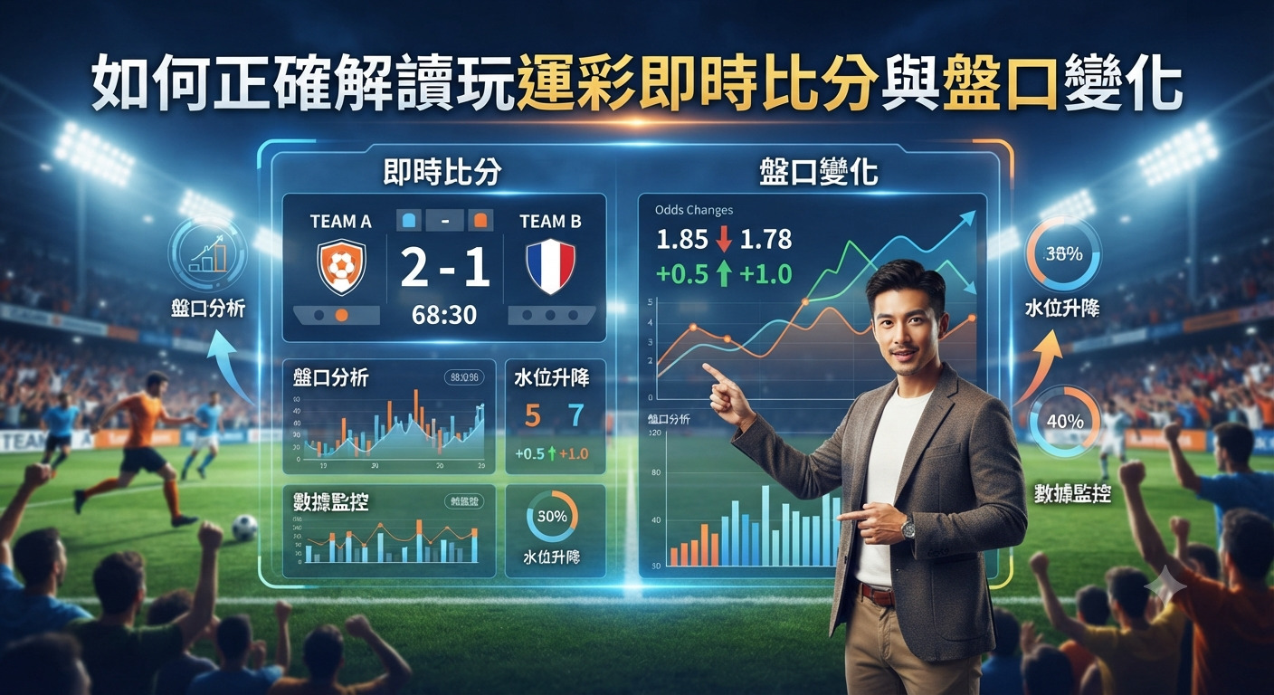 這張圖片展示了一位專業人士在體育場背景前解說運彩比分與盤口變化的畫面。 畫面中結合了即時比分看板、數據圖表以及頂部的中文標題,突顯分析運彩的核心主題。